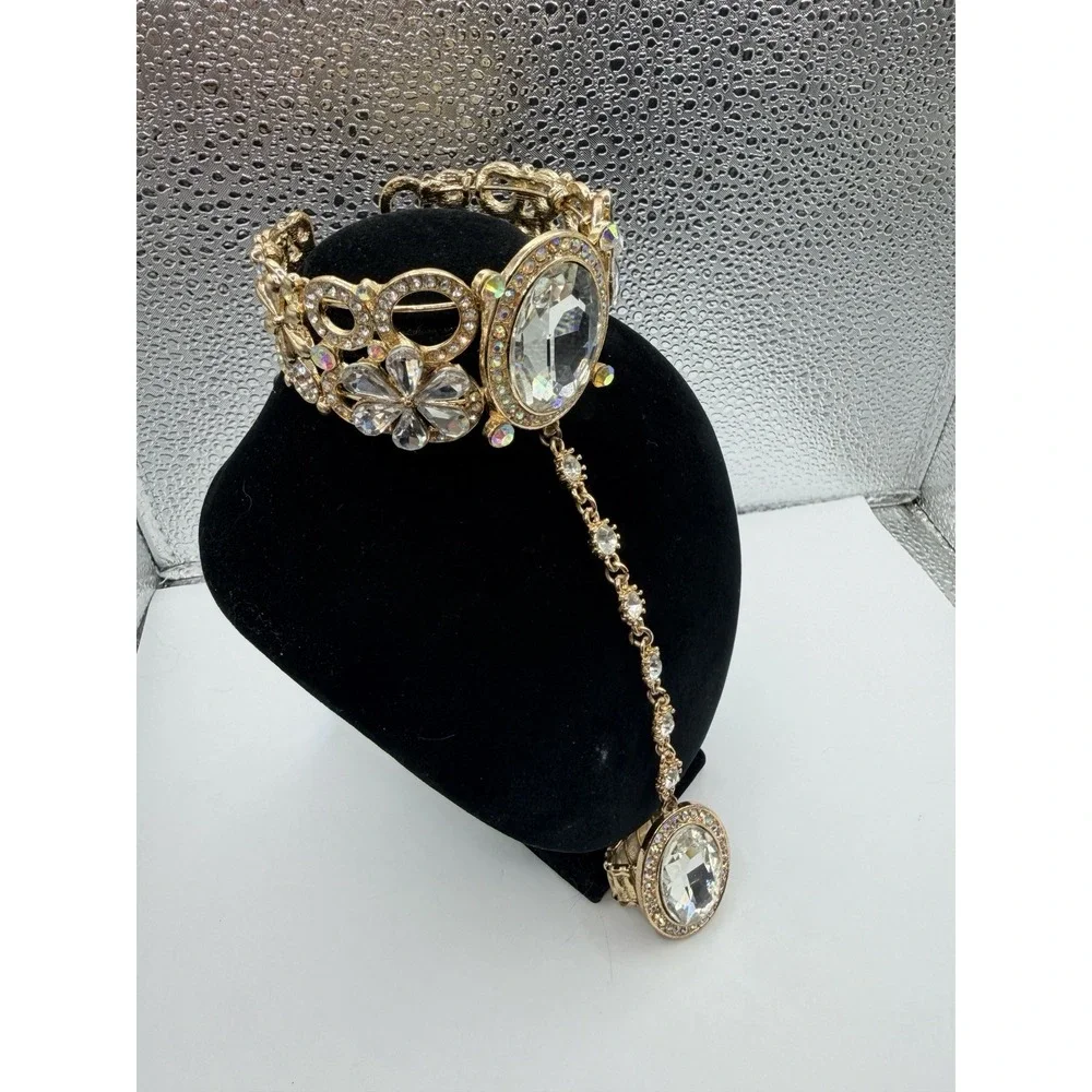 Gold Tone Crystal Oval Stretch Bracelet w Ring sparkling floral rhinestone Prom